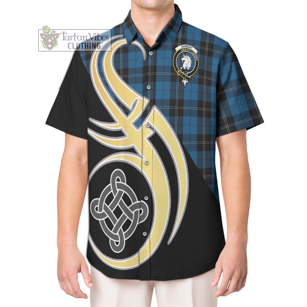 Ramsay Blue Hunting Tartan Short Sleeve Button Shirt with Family Crest and Celtic Symbol Style Kid - Tartan Vibes Clothing