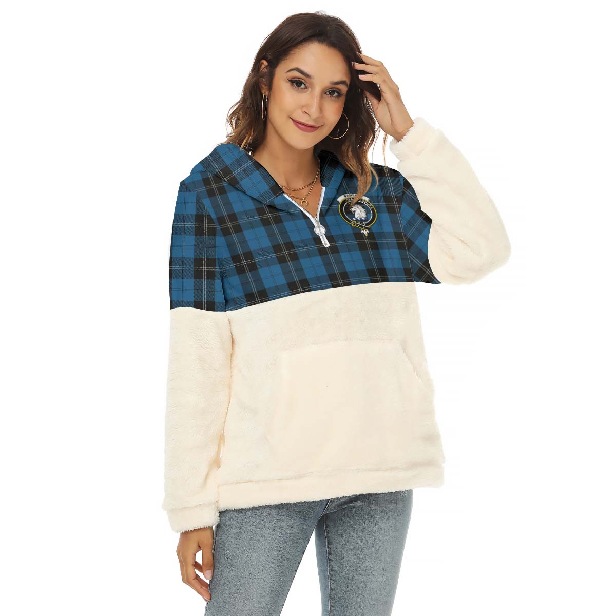 Ramsay Blue Hunting Tartan Women's Borg Fleece Hoodie With Half Zip with Family Crest Female - Tartan Vibes Clothing