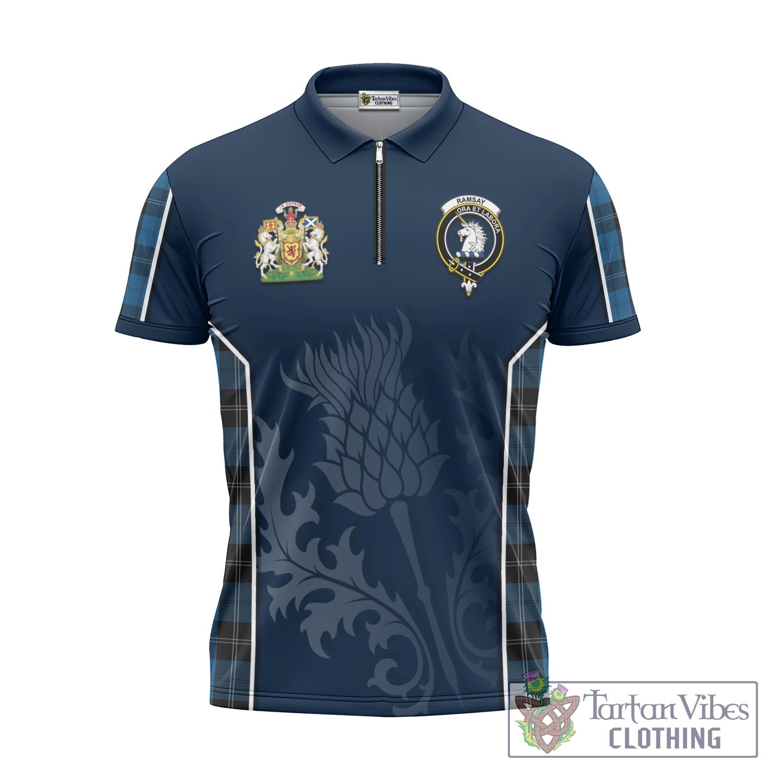 Tartan Vibes Clothing Ramsay Blue Hunting Tartan Zipper Polo Shirt with Family Crest and Scottish Thistle Vibes Sport Style