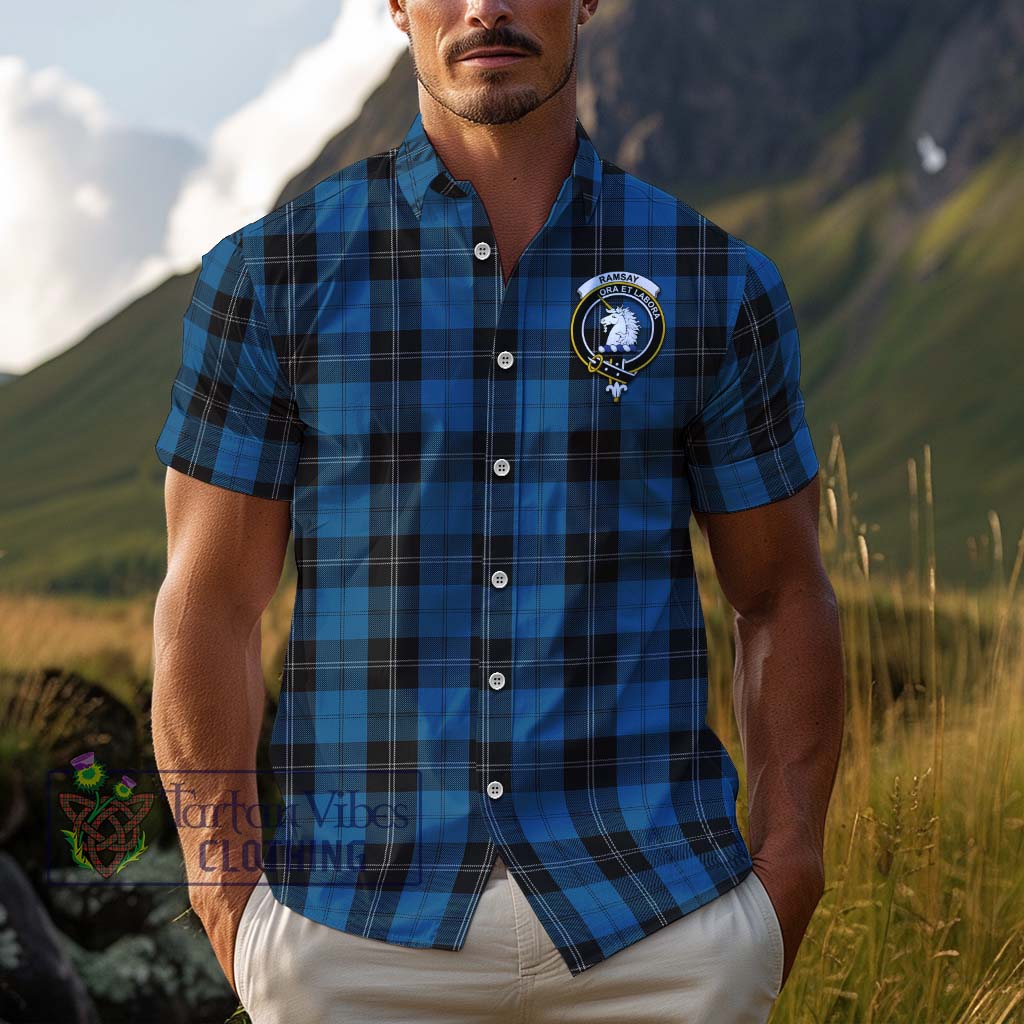 Tartan Vibes Clothing Ramsay Blue Hunting Tartan Cotton Hawaiian Shirt with Family Crest