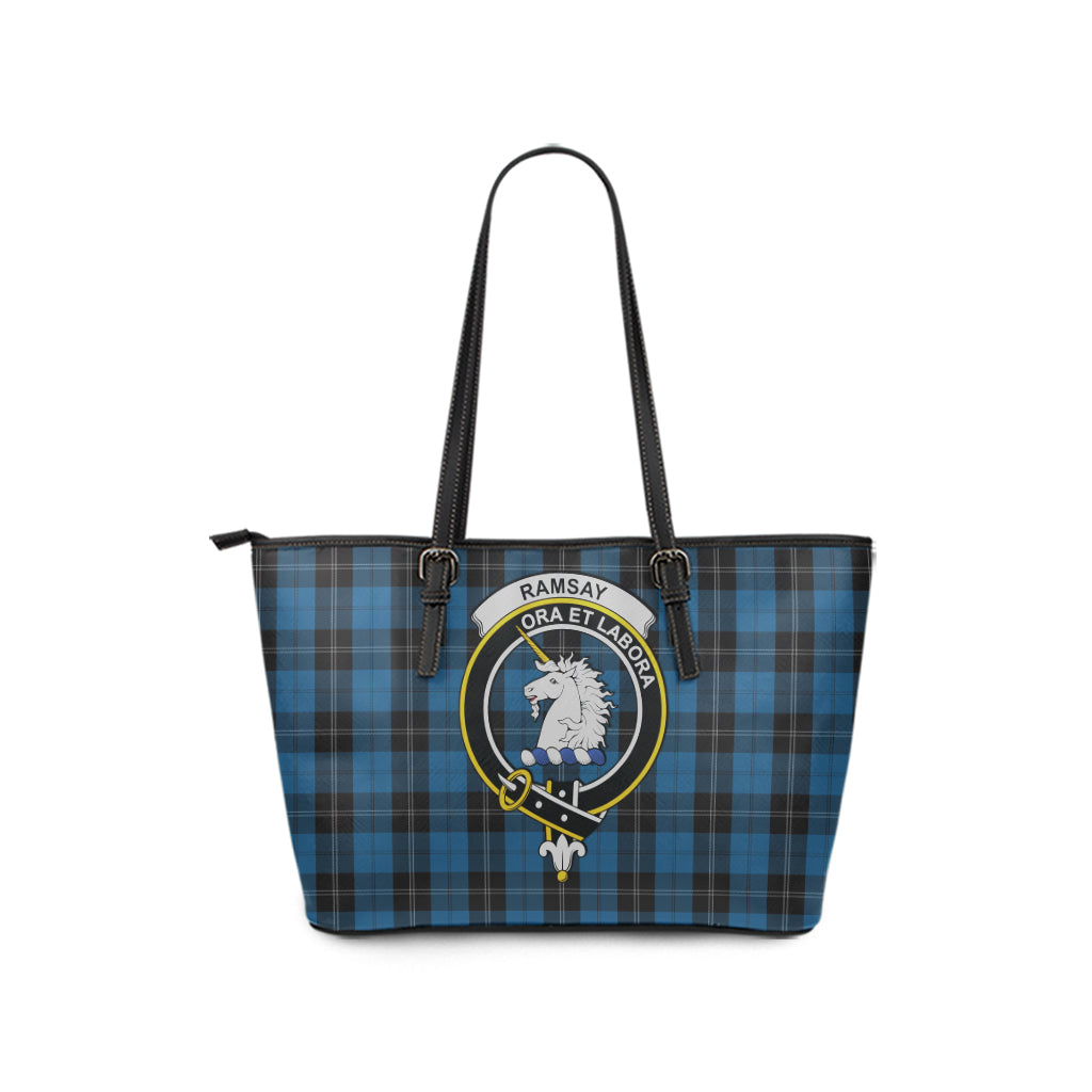 Ramsay Blue Hunting Tartan Leather Tote Bag with Family Crest - Tartan Vibes Clothing