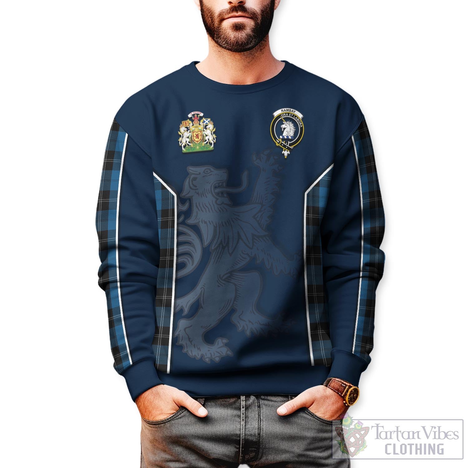 Tartan Vibes Clothing Ramsay Blue Hunting Tartan Sweater with Family Crest and Lion Rampant Vibes Sport Style