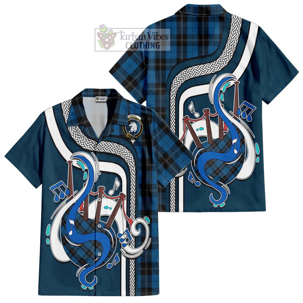 Tartan Vibes Clothing Ramsay Blue Hunting Tartan Short Sleeve Button Shirt with Epic Bagpipe Style