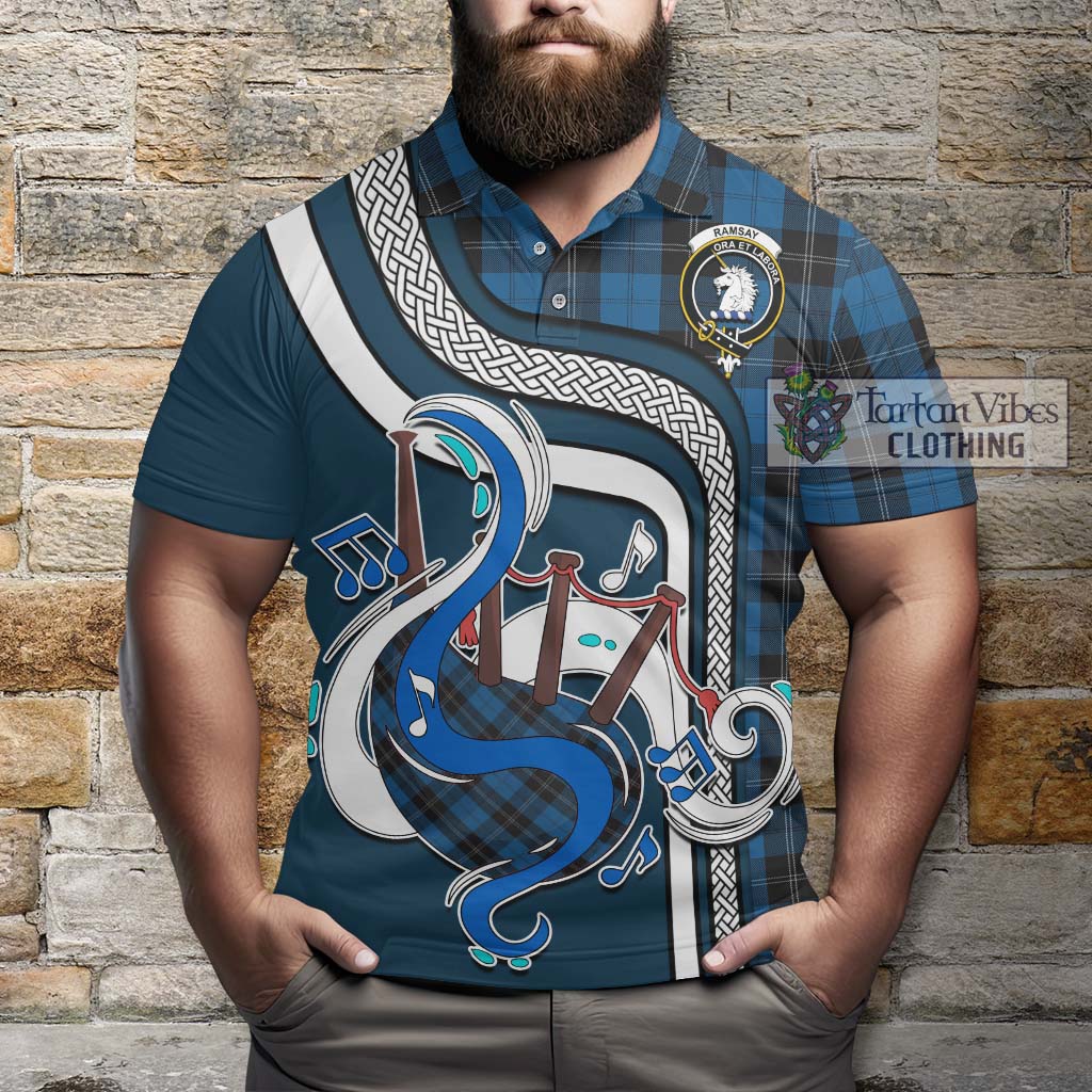 Tartan Vibes Clothing Ramsay Blue Hunting Tartan Polo Shirt with Epic Bagpipe Style