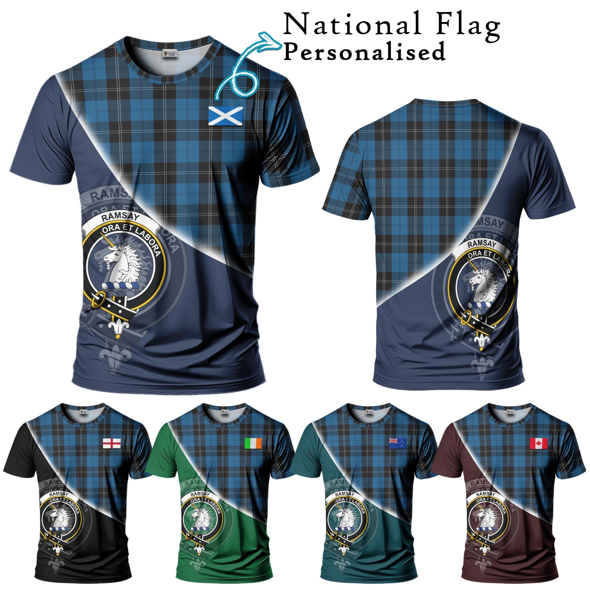 Tartan Vibes Clothing Ramsay Blue Hunting Tartan T-Shirt with Personalised National Flag and Family Crest Half Style