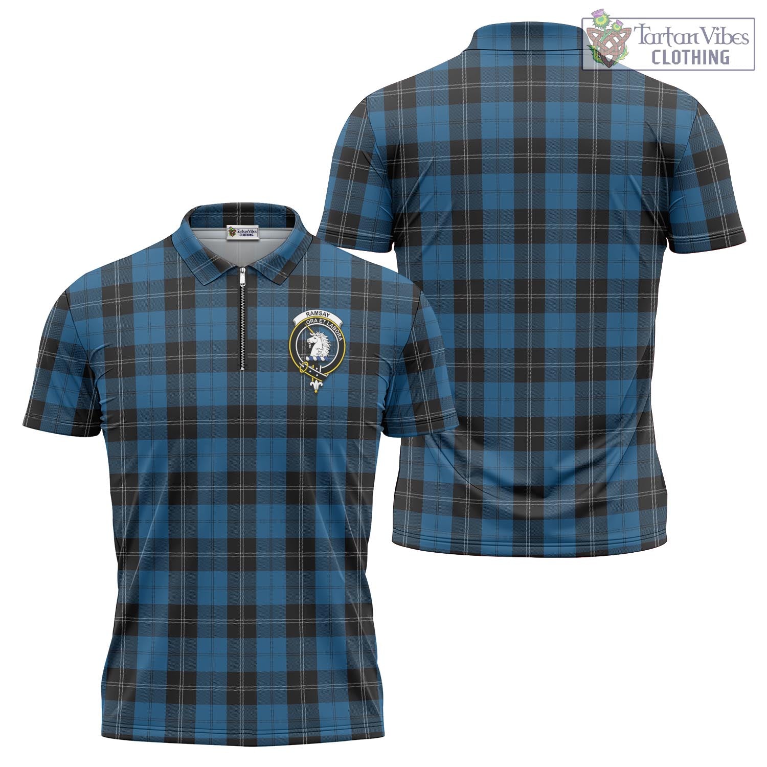 Tartan Vibes Clothing Ramsay Blue Hunting Tartan Zipper Polo Shirt with Family Crest