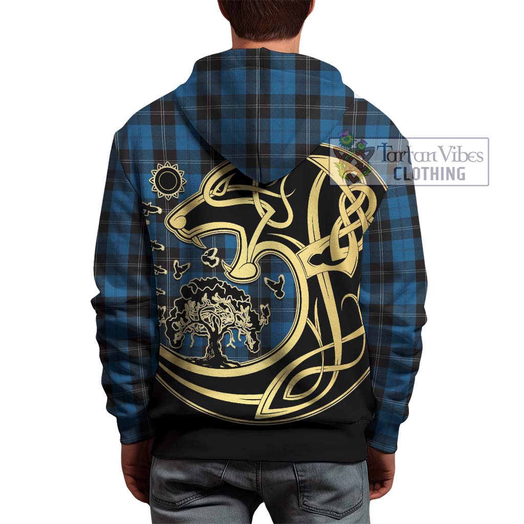 Tartan Vibes Clothing Ramsay Blue Hunting Tartan Hoodie with Family Crest Celtic Wolf Style