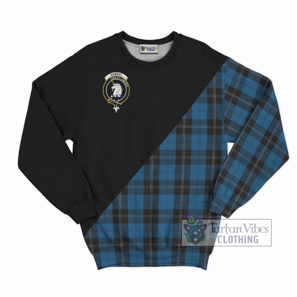 Tartan Vibes Clothing Ramsay Blue Hunting Tartan Sweatshirt with Family Crest and Military Logo Style