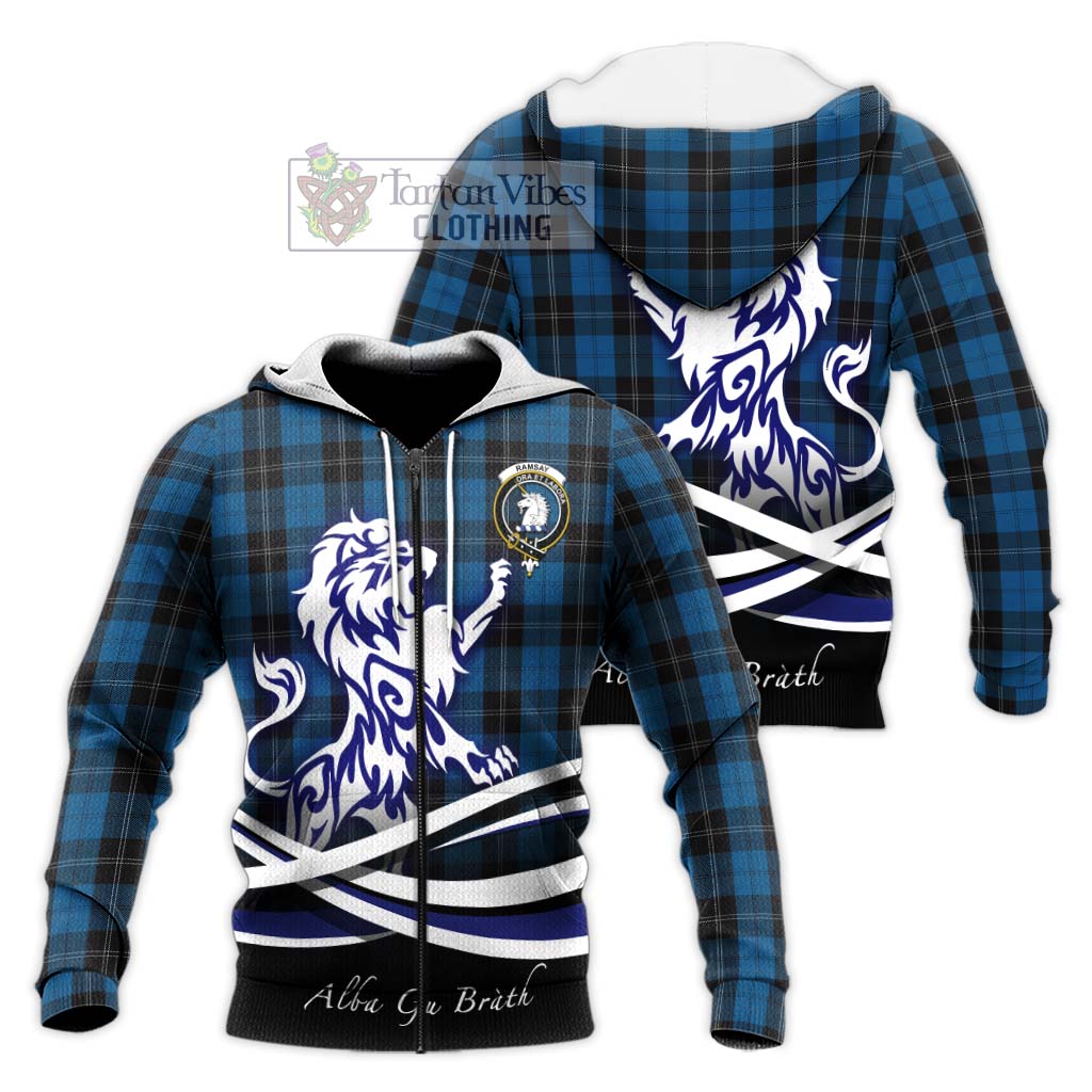 Tartan Vibes Clothing Ramsay Blue Hunting Tartan Knitted Hoodie with Alba Gu Brath Regal Lion Emblem