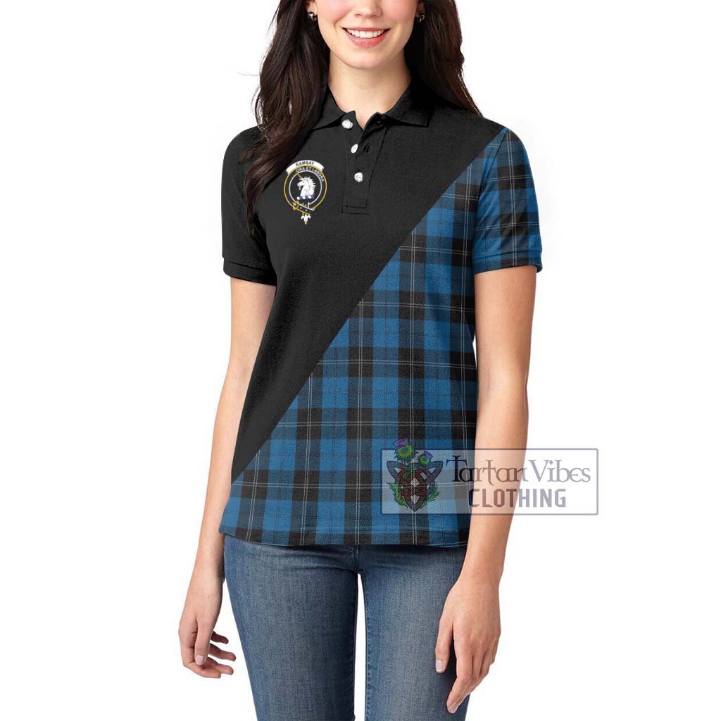 Tartan Vibes Clothing Ramsay Blue Hunting Tartan Women's Polo Shirt with Family Crest and Military Logo Style