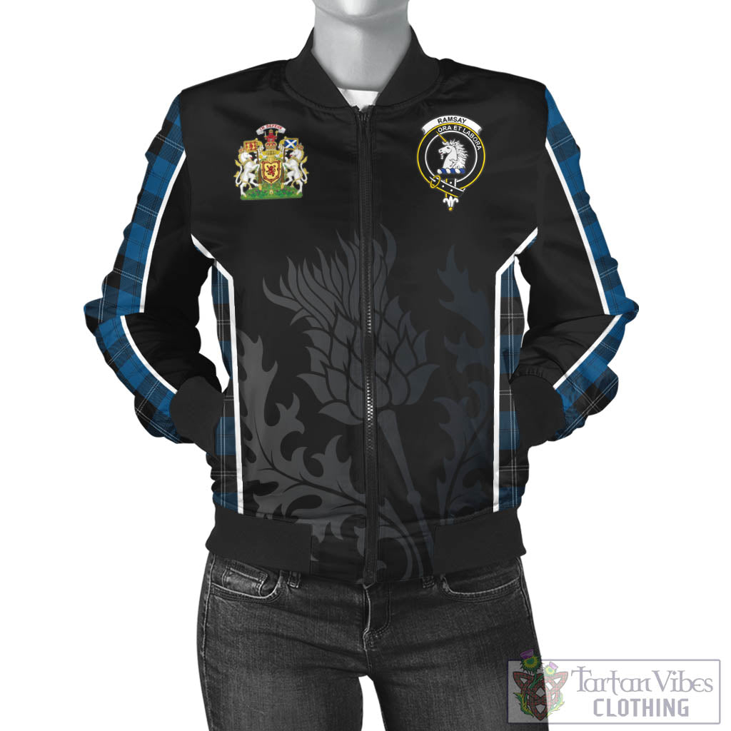 Tartan Vibes Clothing Ramsay Blue Hunting Tartan Bomber Jacket with Family Crest and Scottish Thistle Vibes Sport Style