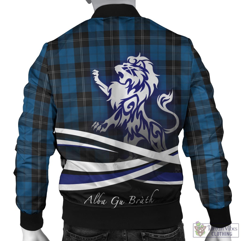 Tartan Vibes Clothing Ramsay Blue Hunting Tartan Bomber Jacket with Alba Gu Brath Regal Lion Emblem