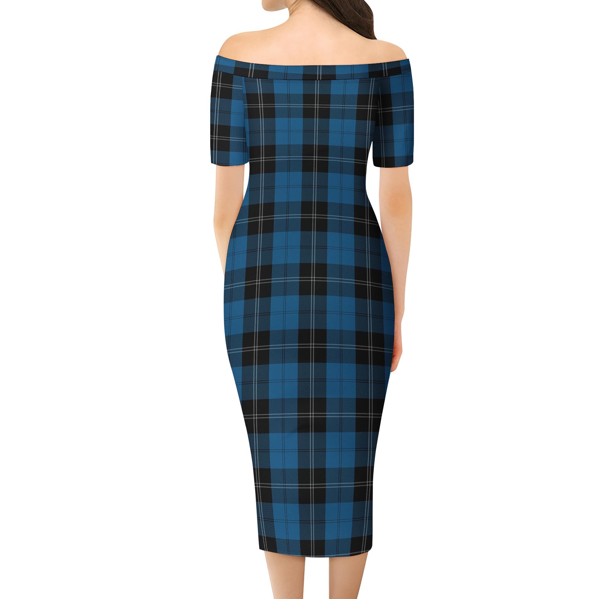 Ramsay Blue Hunting Tartan Off Shoulder Lady Dress - Tartanvibesclothing