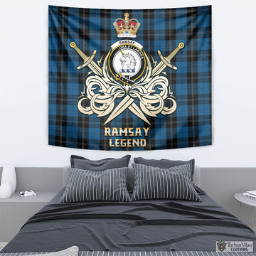 Ramsay Blue Hunting Tartan Tapestry with Clan Crest and the Golden Sword of Courageous Legacy