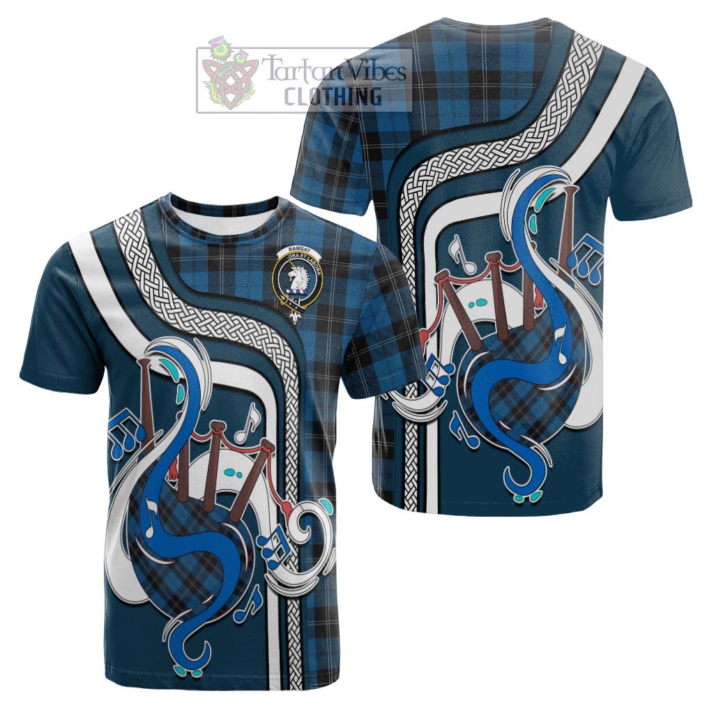 Tartan Vibes Clothing Ramsay Blue Hunting Tartan Cotton T-shirt with Epic Bagpipe Style