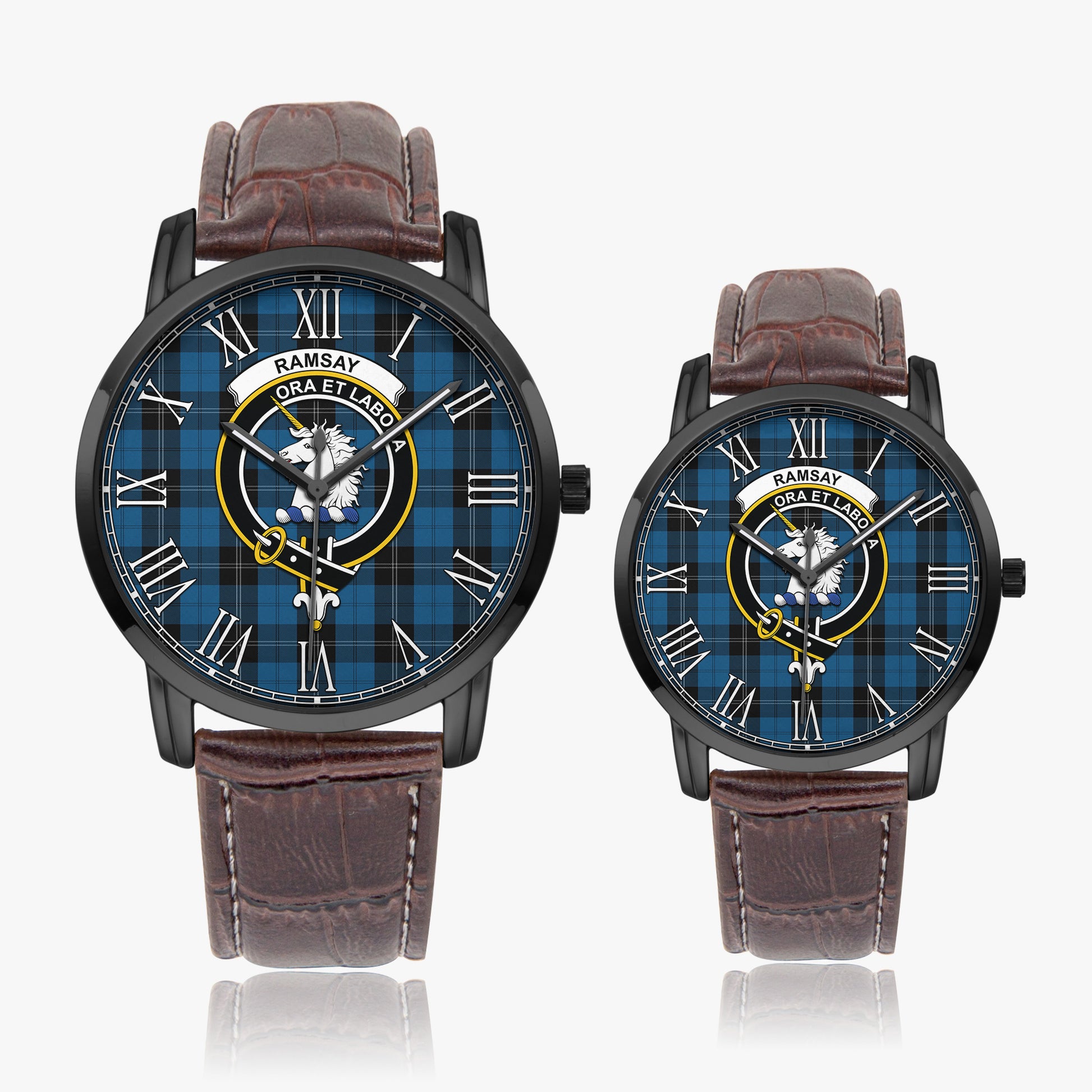 Ramsay Blue Hunting Tartan Family Crest Leather Strap Quartz Watch - Tartanvibesclothing