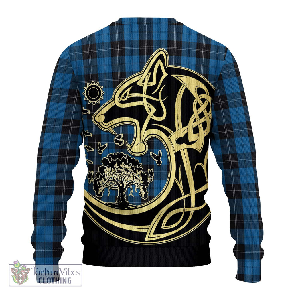 Ramsay Blue Hunting Tartan Knitted Sweater with Family Crest Celtic Wolf Style - Tartan Vibes Clothing