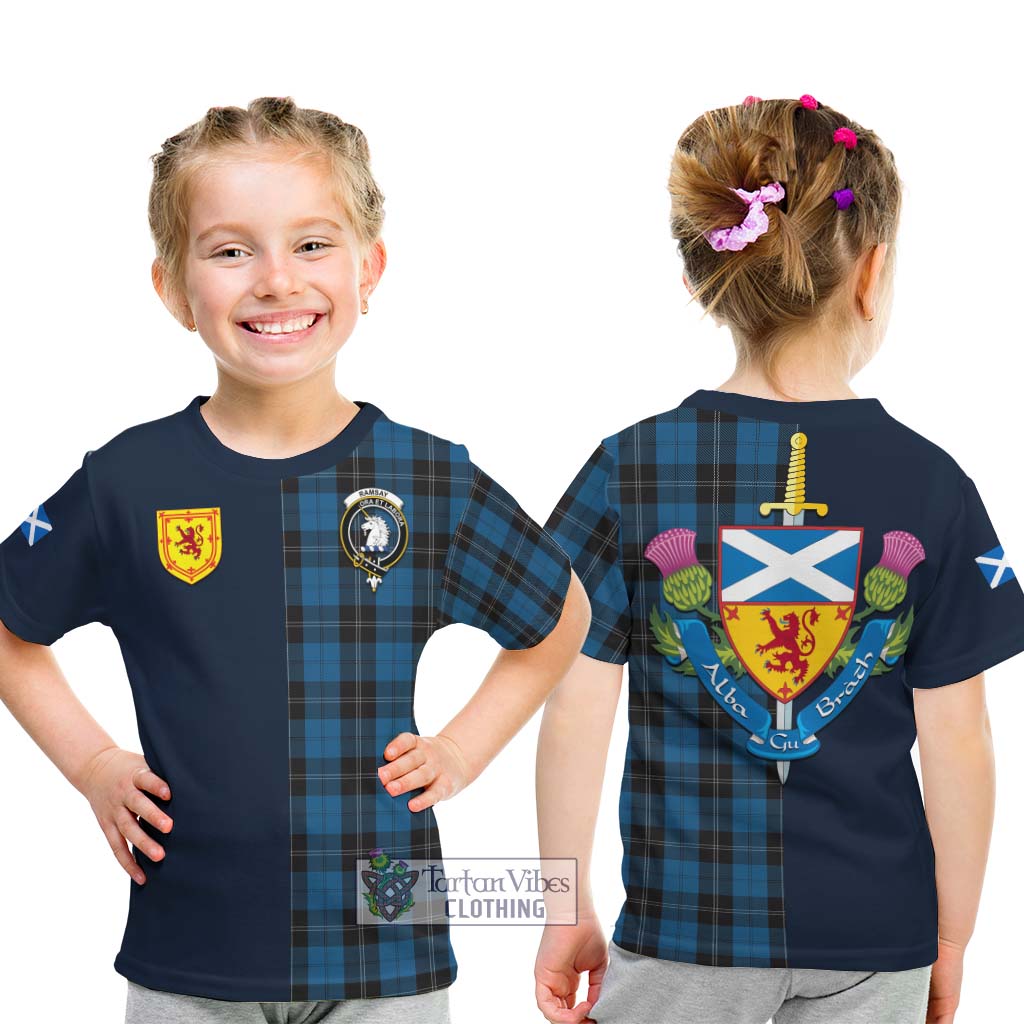 Tartan Vibes Clothing Ramsay Blue Hunting Tartan Kid T-Shirt with Scottish Lion Royal Arm Half Style