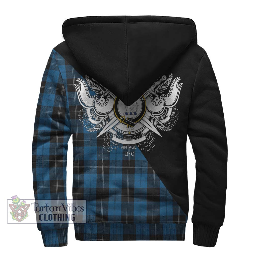 Tartan Vibes Clothing Ramsay Blue Hunting Tartan Sherpa Hoodie with Family Crest and Military Logo Style