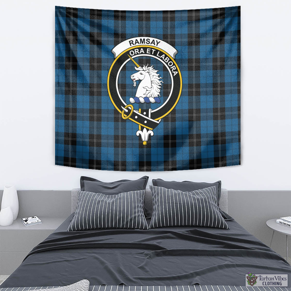 Tartan Vibes Clothing Ramsay Blue Hunting Tartan Tapestry Wall Hanging and Home Decor for Room with Family Crest