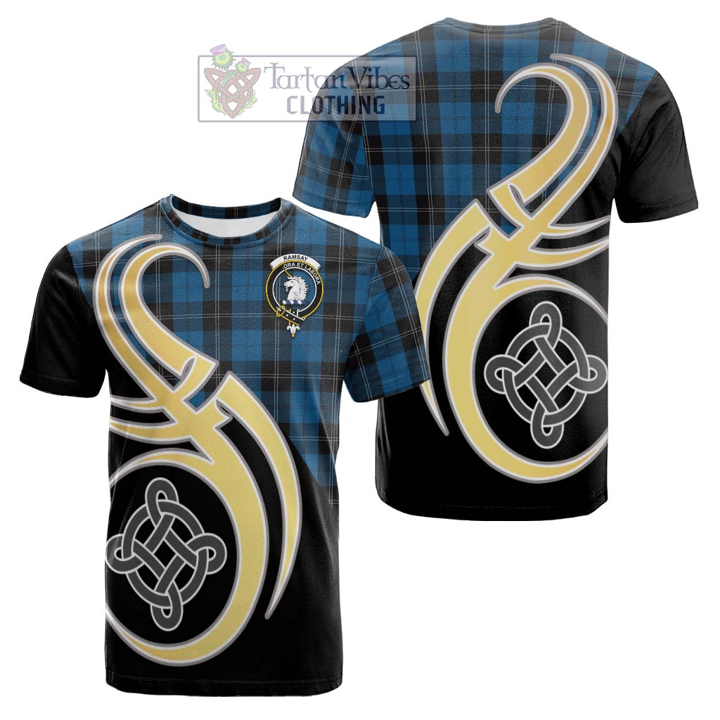 Tartan Vibes Clothing Ramsay Blue Hunting Tartan Cotton T-shirt with Family Crest and Celtic Symbol Style