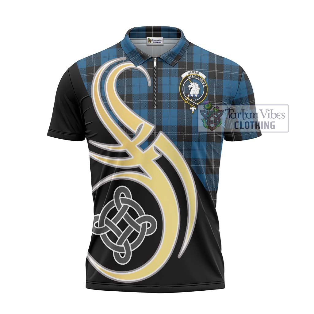 Tartan Vibes Clothing Ramsay Blue Hunting Tartan Zipper Polo Shirt with Family Crest and Celtic Symbol Style