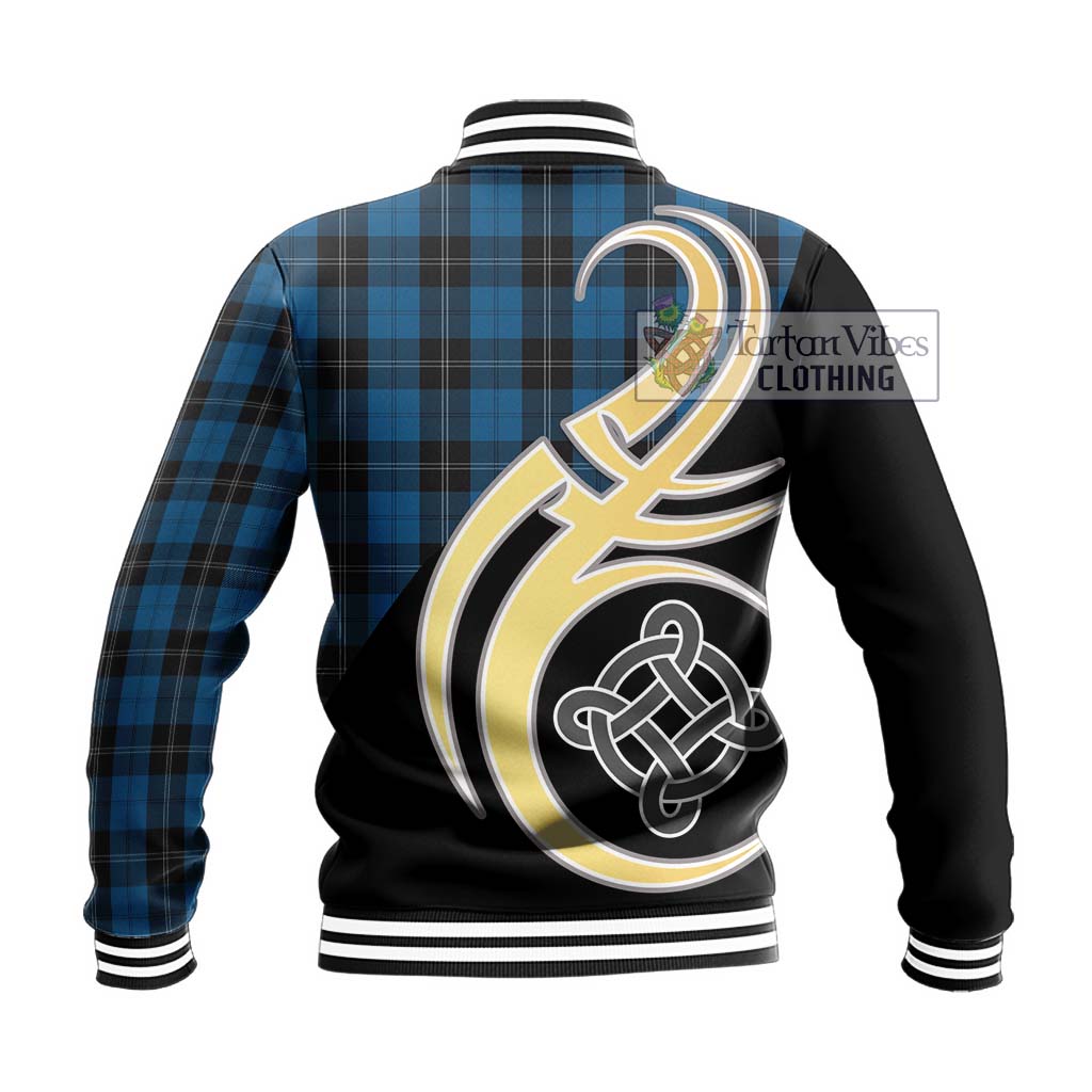 Tartan Vibes Clothing Ramsay Blue Hunting Tartan Baseball Jacket with Family Crest and Celtic Symbol Style