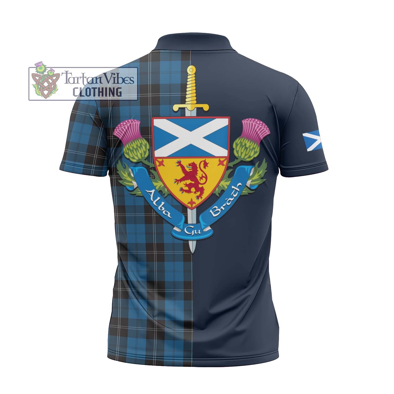 Tartan Vibes Clothing Ramsay Blue Hunting Tartan Zipper Polo Shirt with Scottish Lion Royal Arm Half Style