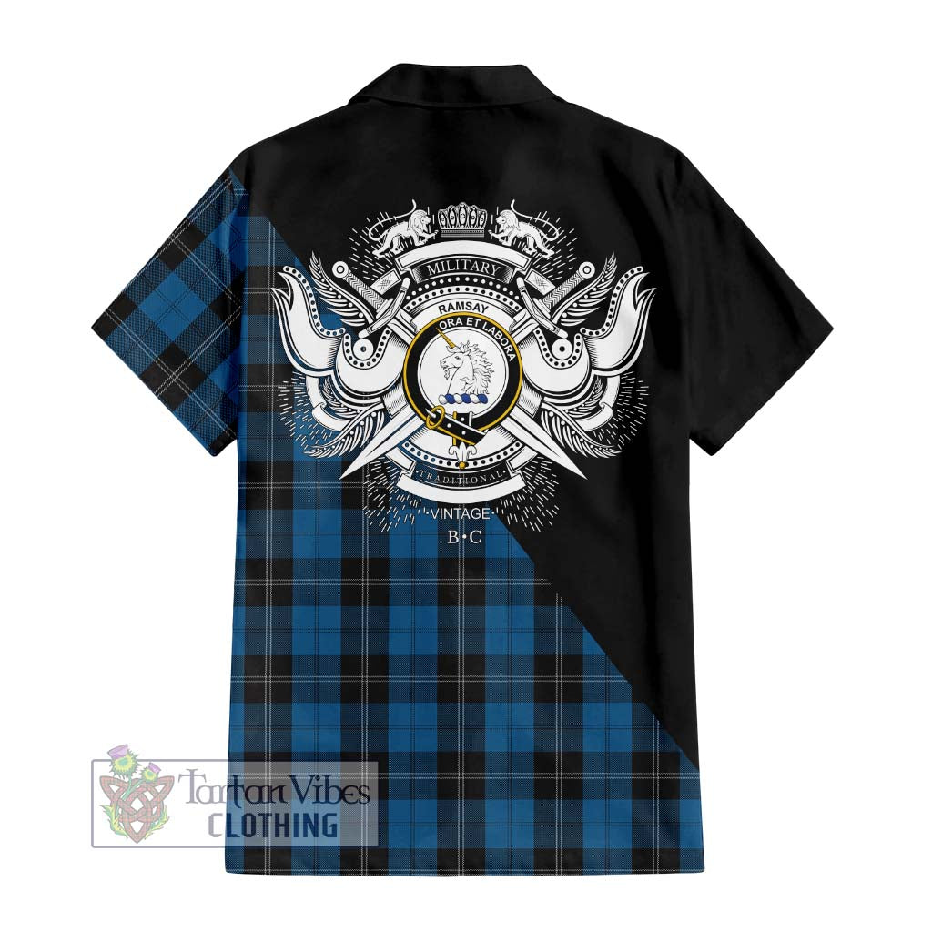 Tartan Vibes Clothing Ramsay Blue Hunting Tartan Short Sleeve Button Shirt with Family Crest and Military Logo Style