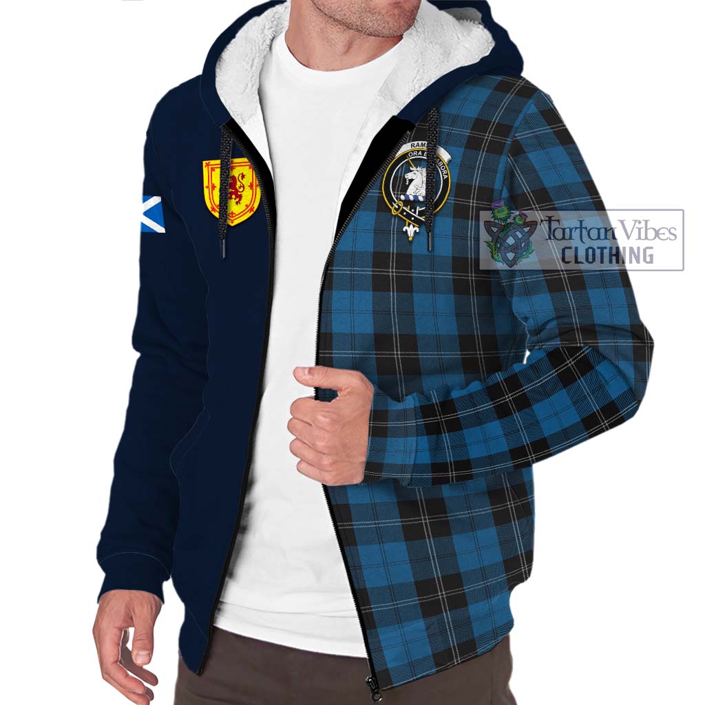 Tartan Vibes Clothing Ramsay Blue Hunting Tartan Sherpa Hoodie with Scottish Lion Royal Arm Half Style