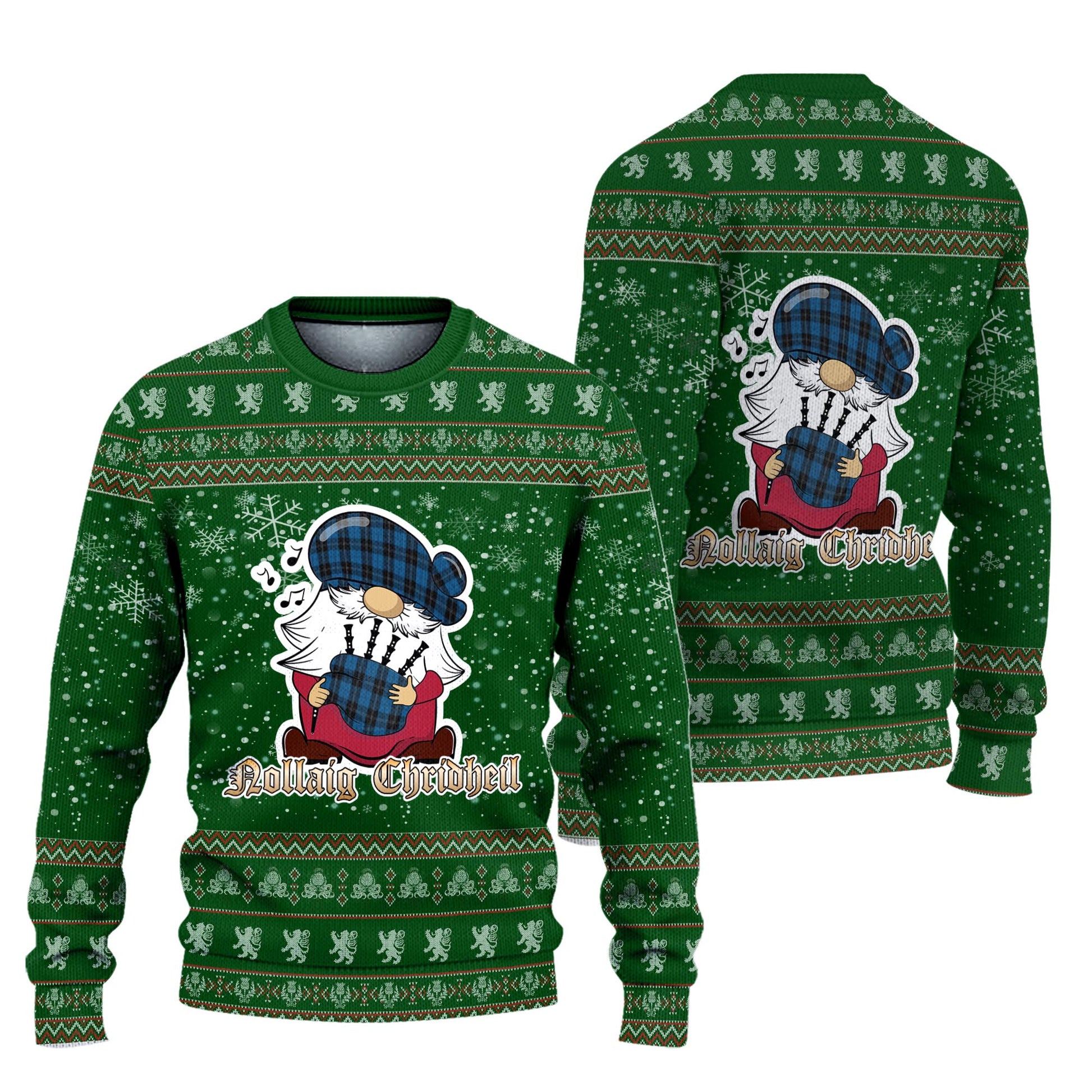 Ramsay Blue Hunting Clan Christmas Family Knitted Sweater with Funny Gnome Playing Bagpipes Unisex Green - Tartanvibesclothing