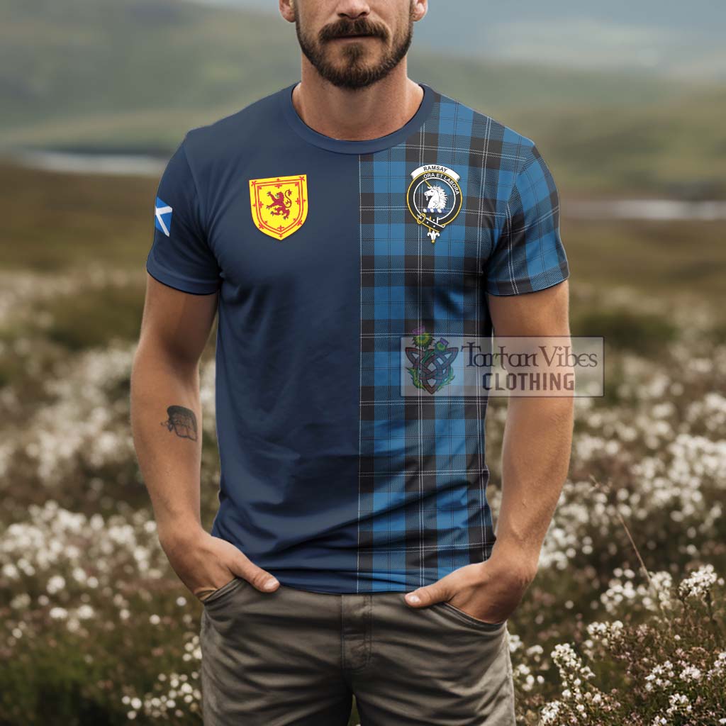 Tartan Vibes Clothing Ramsay Blue Hunting Tartan T-Shirt Alba with Scottish Lion Royal Arm Half Style