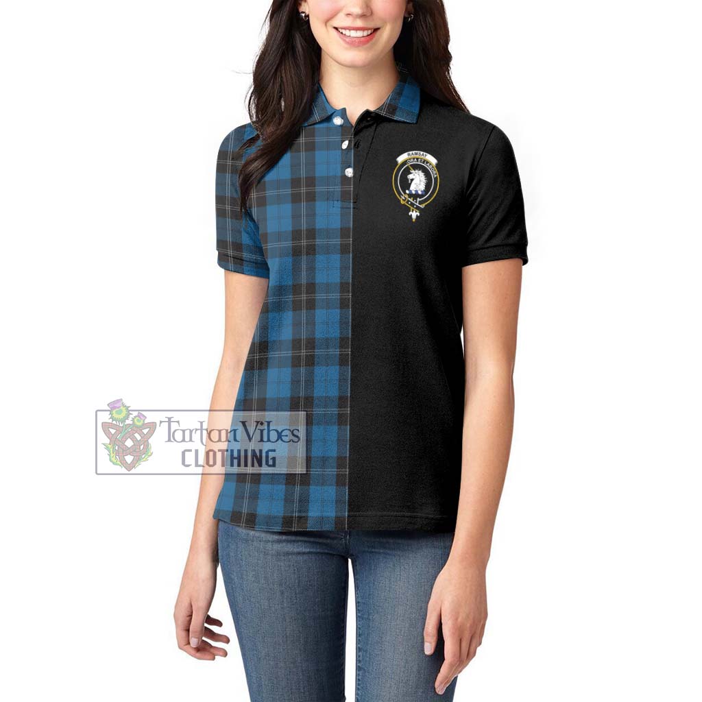 Tartan Vibes Clothing Ramsay Blue Hunting Tartan Women's Polo Shirt with Family Crest and Half Of Me Style