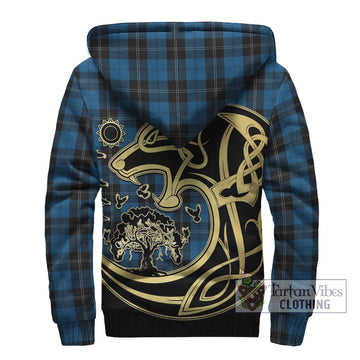 Ramsay Blue Hunting Tartan Sherpa Hoodie with Family Crest Celtic Wolf Style