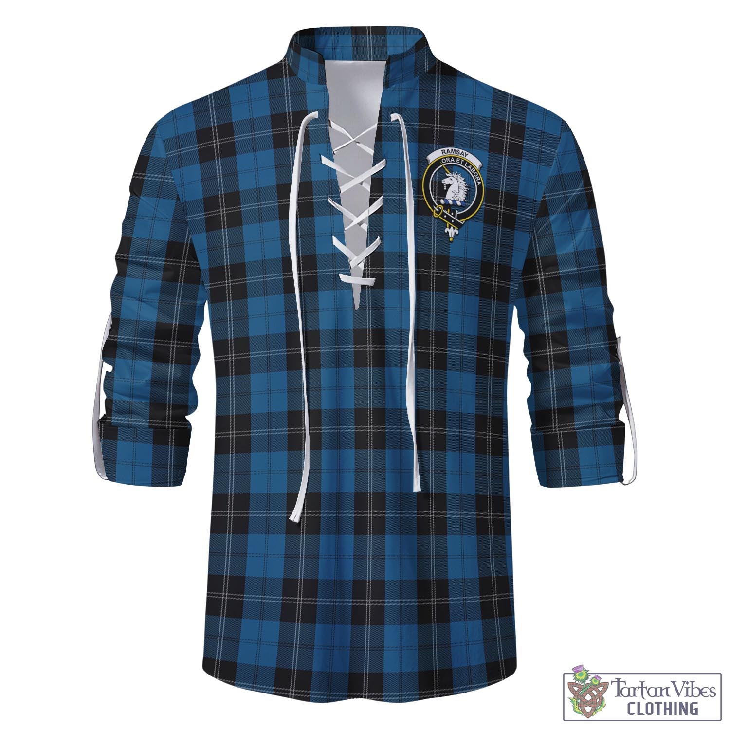 Tartan Vibes Clothing Ramsay Blue Hunting Tartan Men's Scottish Traditional Jacobite Ghillie Kilt Shirt with Family Crest