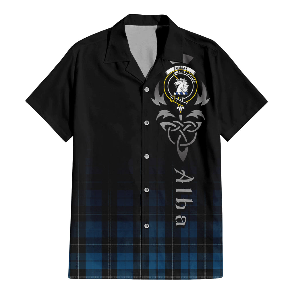 Tartan Vibes Clothing Ramsay Blue Hunting Tartan Short Sleeve Button Up Featuring Alba Gu Brath Family Crest Celtic Inspired