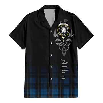 Ramsay Blue Hunting Tartan Short Sleeve Button Up Shirt Featuring Alba Gu Brath Family Crest Celtic Inspired