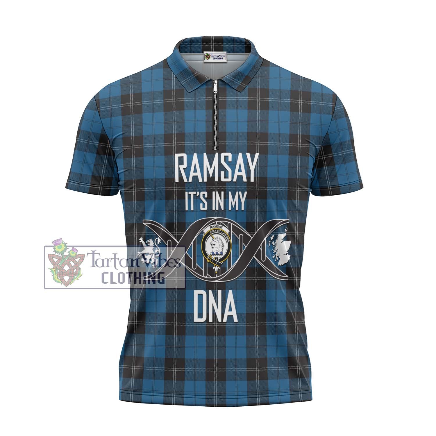 Tartan Vibes Clothing Ramsay Blue Hunting Tartan Zipper Polo Shirt with Family Crest DNA In Me Style