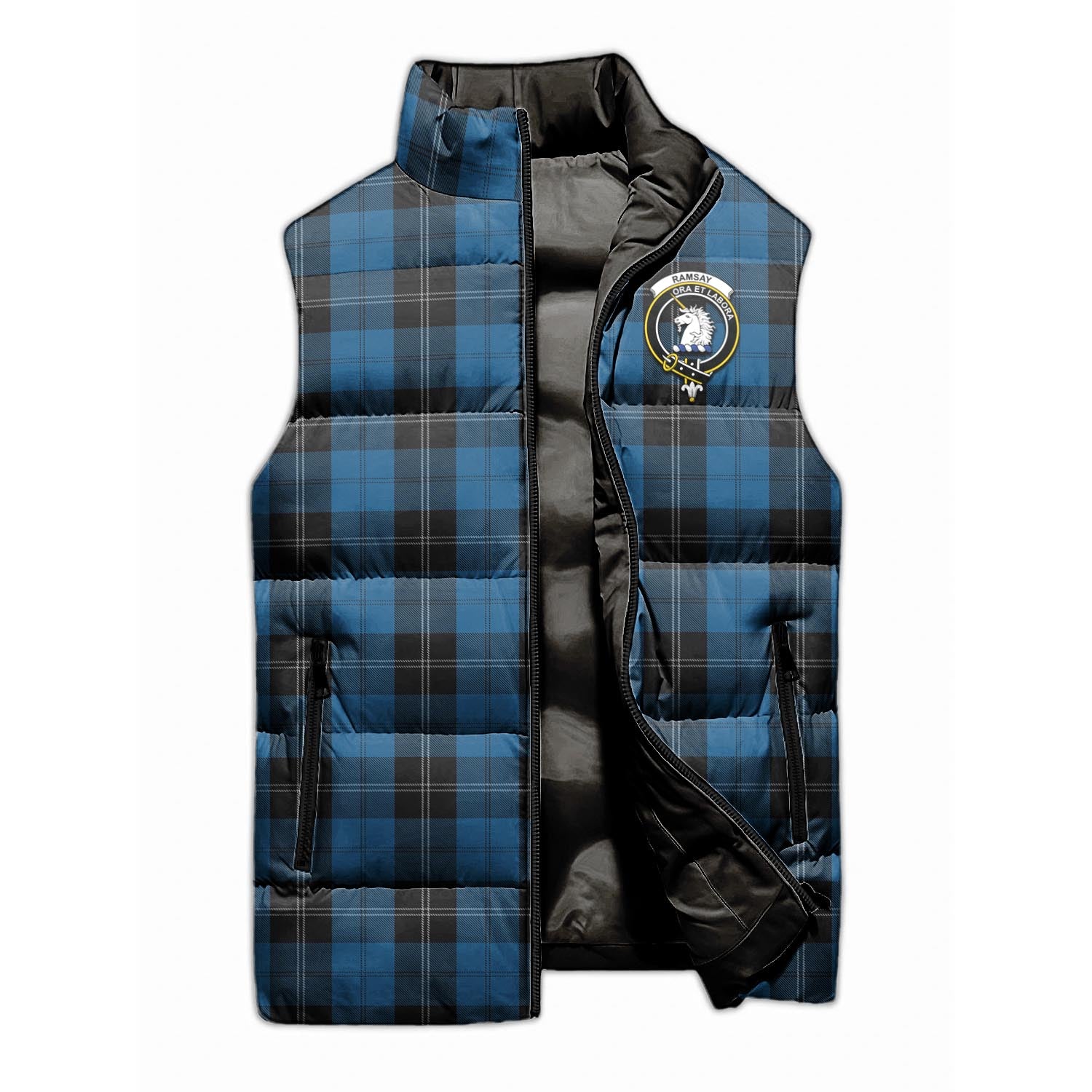 Ramsay Blue Hunting Tartan Sleeveless Puffer Jacket with Family Crest - Tartanvibesclothing