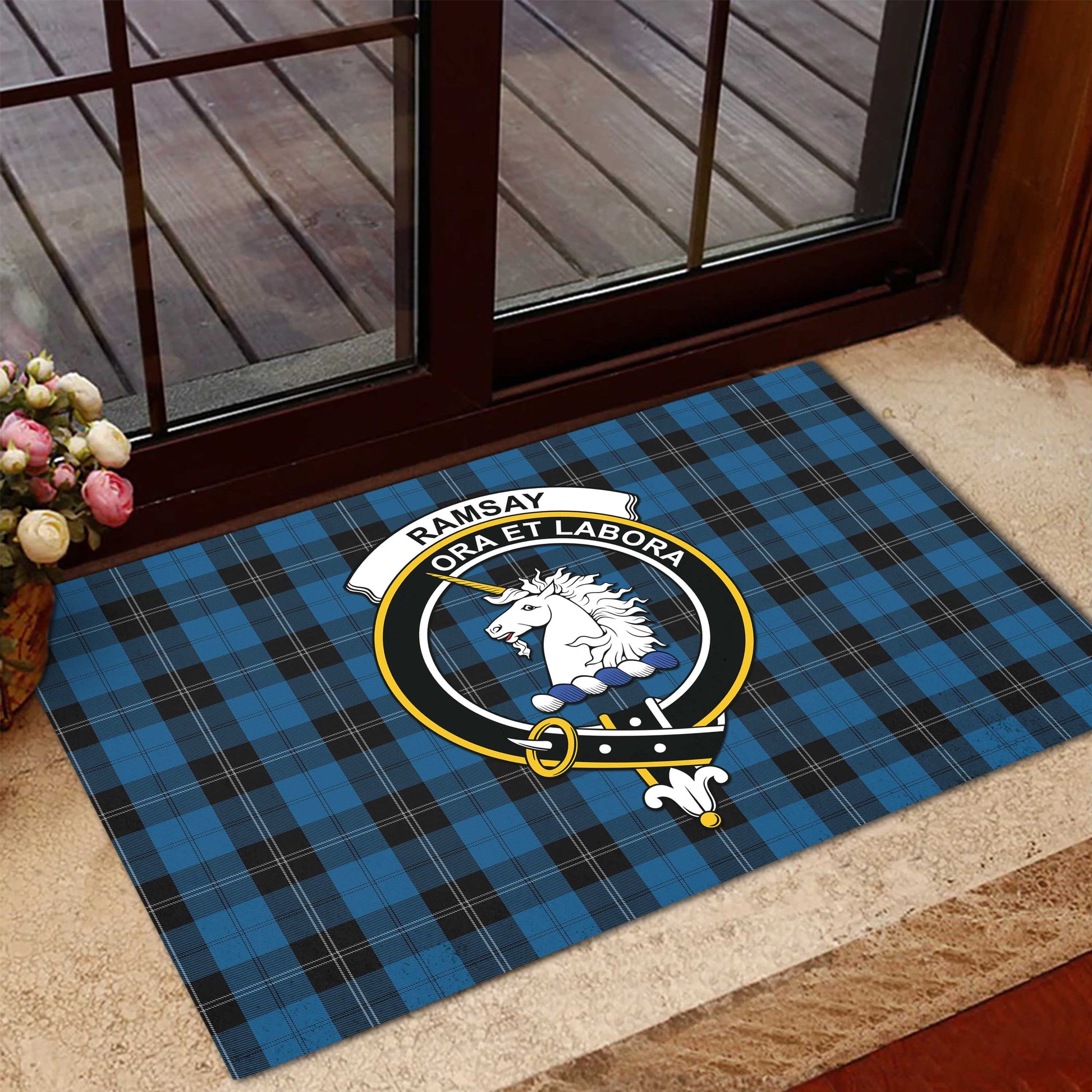 Ramsay Blue Hunting Tartan Door Mat with Family Crest - Tartanvibesclothing