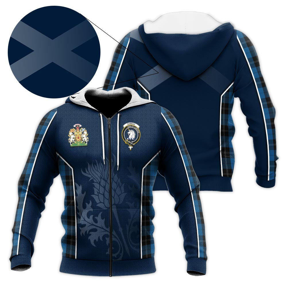 Tartan Vibes Clothing Ramsay Blue Hunting Tartan Knitted Hoodie with Family Crest and Scottish Thistle Vibes Sport Style