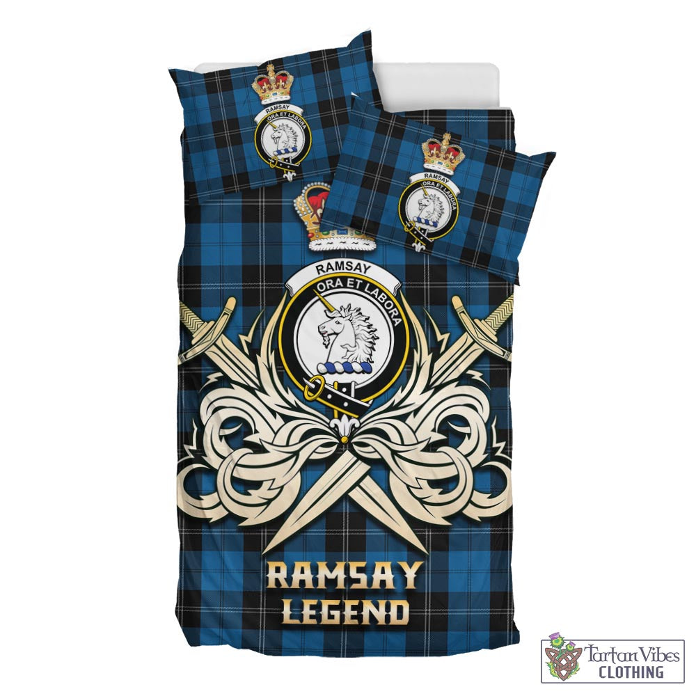 Tartan Vibes Clothing Ramsay Blue Hunting Tartan Bedding Set with Clan Crest and the Golden Sword of Courageous Legacy