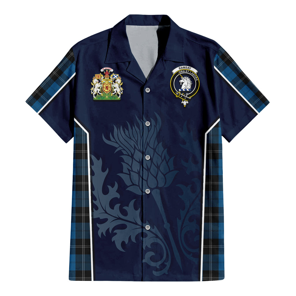 Tartan Vibes Clothing Ramsay Blue Hunting Tartan Short Sleeve Button Up Shirt with Family Crest and Scottish Thistle Vibes Sport Style