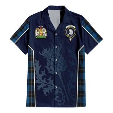 Ramsay Blue Hunting Tartan Short Sleeve Button Up Shirt with Family Crest and Scottish Thistle Vibes Sport Style