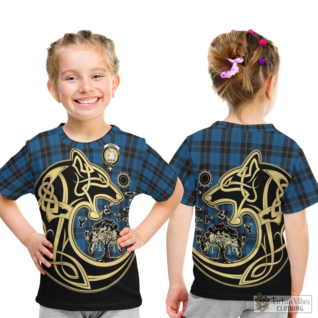 Tartan Vibes Clothing Ramsay Blue Hunting Tartan Kid T-Shirt with Family Crest Celtic Wolf Style