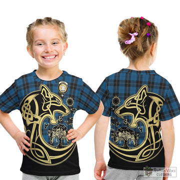 Ramsay Blue Hunting Tartan Kid T-Shirt with Family Crest Celtic Wolf Style