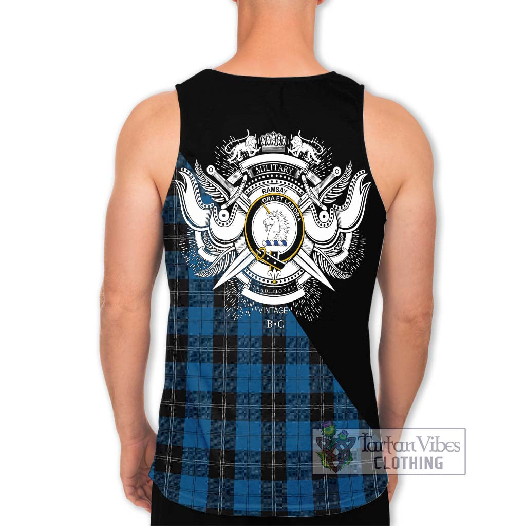 Tartan Vibes Clothing Ramsay Blue Hunting Tartan Men's Tank Top with Family Crest and Military Logo Style