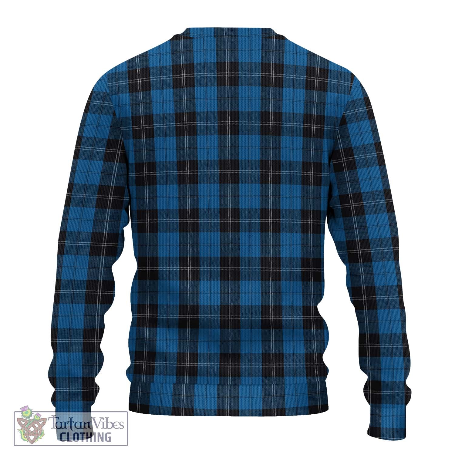 Tartan Vibes Clothing Ramsay Blue Hunting Tartan Knitted Sweater with Family Crest DNA In Me Style