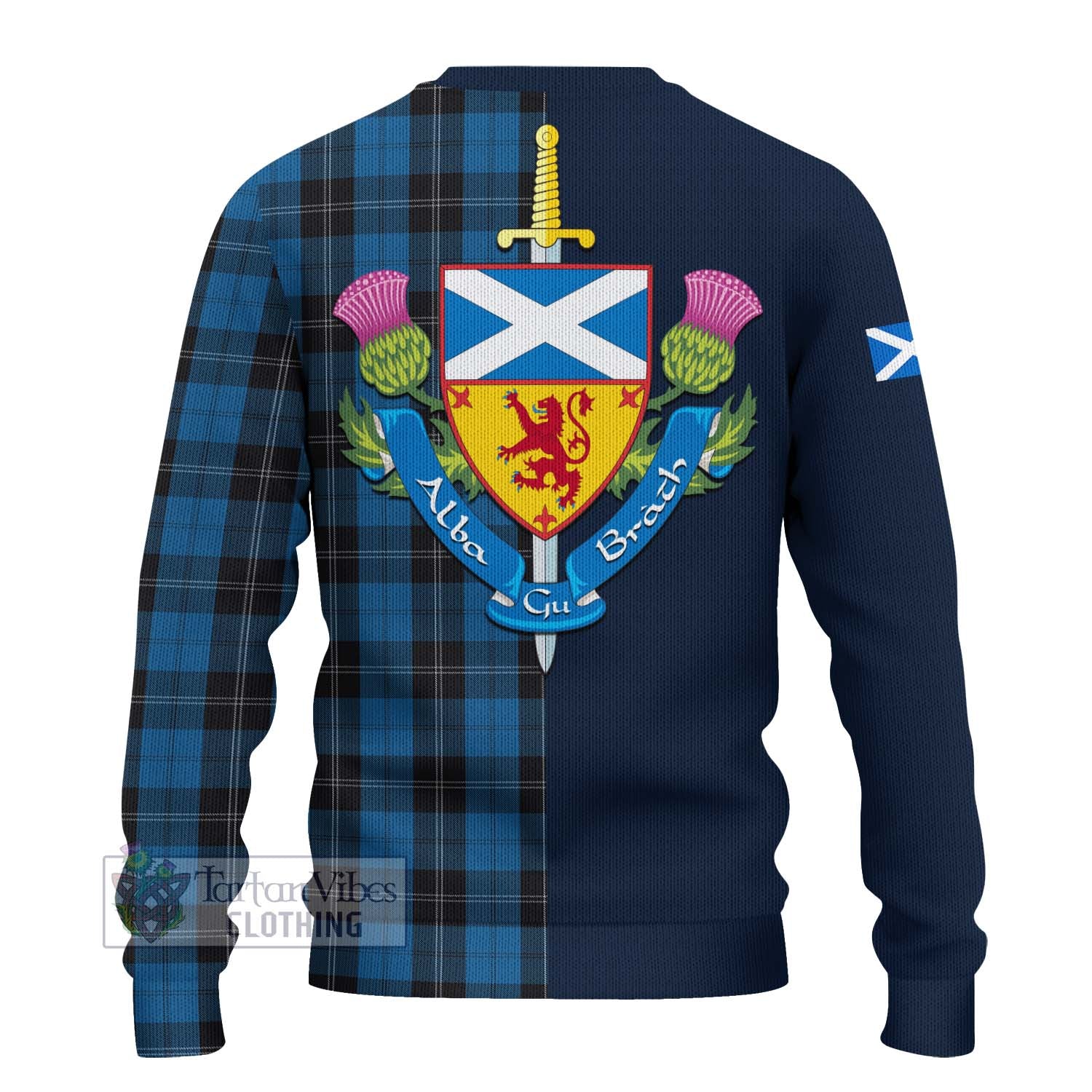 Tartan Vibes Clothing Ramsay Blue Hunting Tartan Knitted Sweater with Scottish Lion Royal Arm Half Style