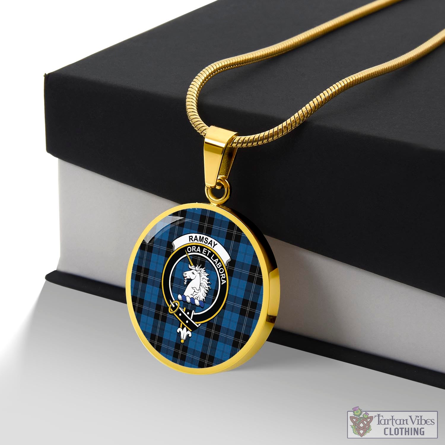 Tartan Vibes Clothing Ramsay Blue Hunting Tartan Circle Necklace with Family Crest